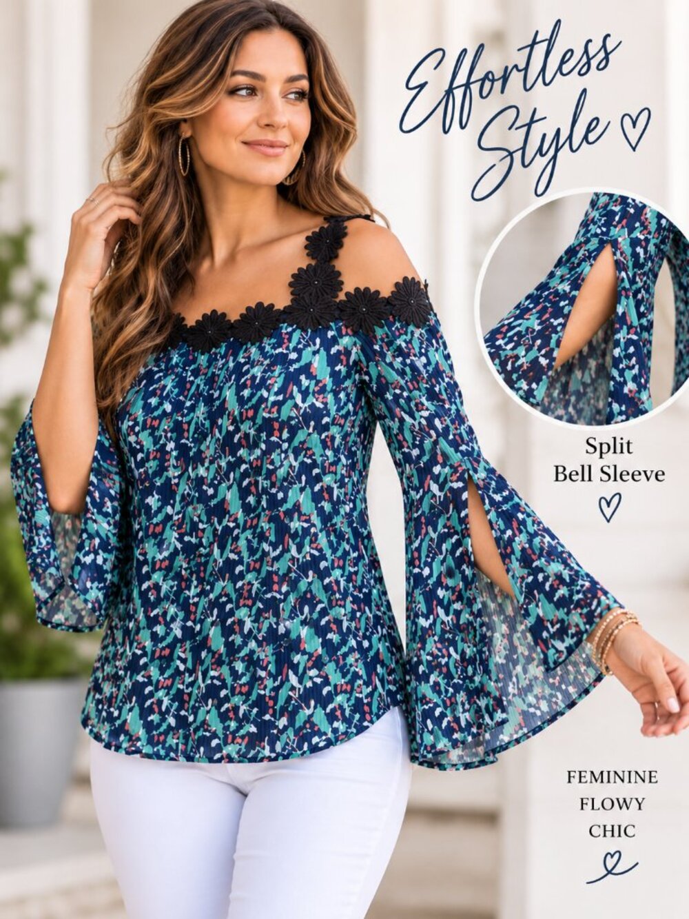 Kate & Mallory L Pleated Cold Shoulder Blouse Bell Sleeve Floral Lace Boho Blue